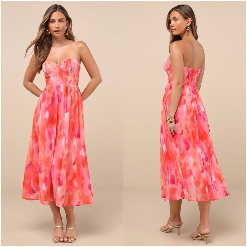 Lulu's Pink & Coral Strapless Midi Dress